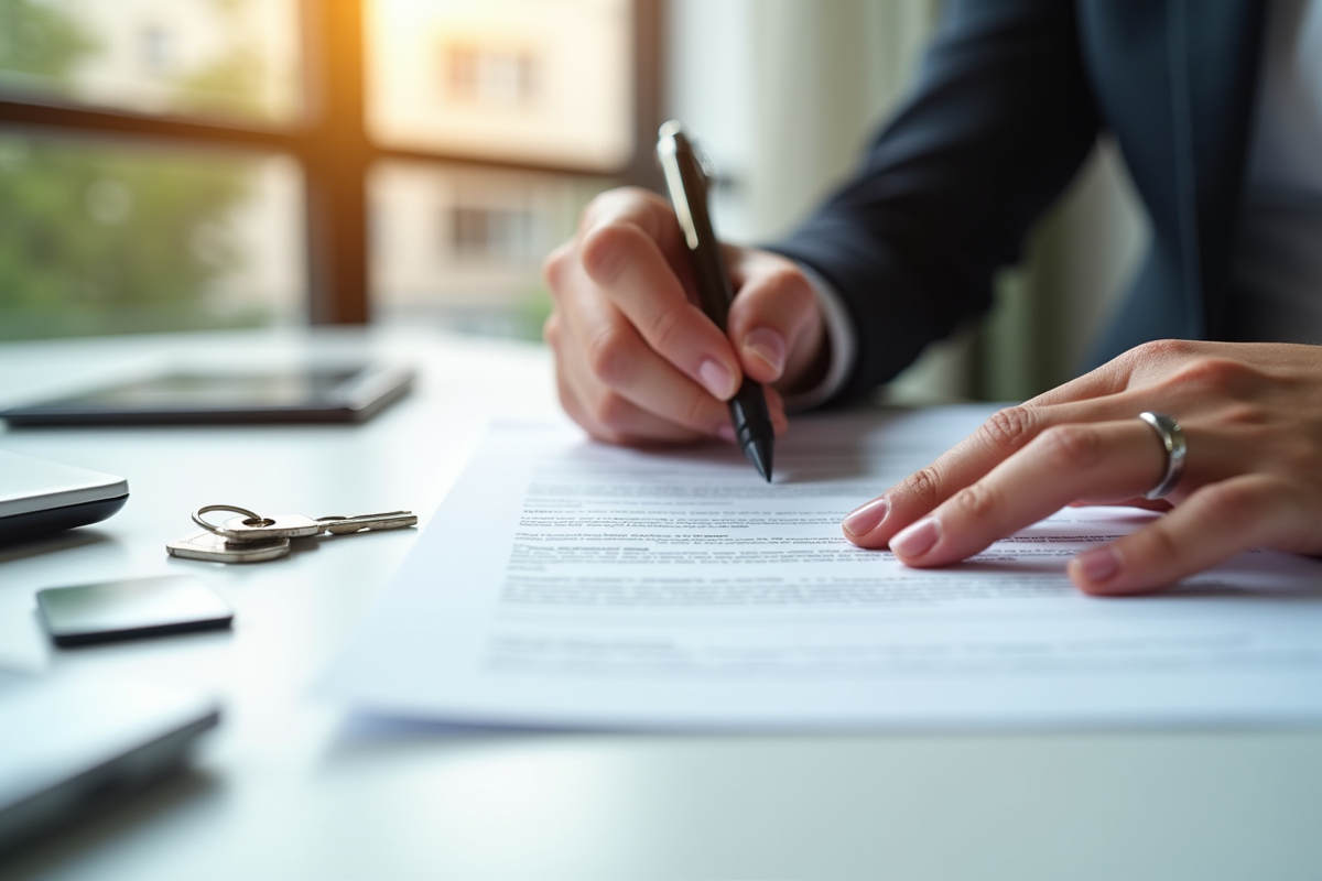 Mains signant un contrat de location avec clés et carte à côté