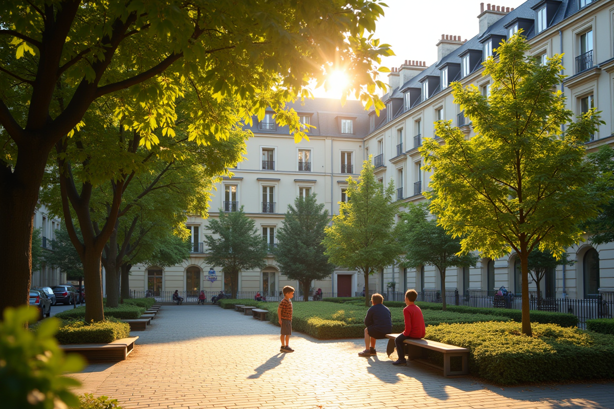 Square paisible dans le 18e avec enfants et arbres en après-midi