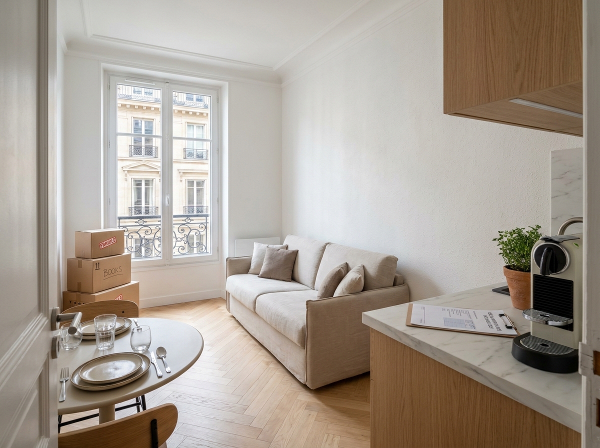 Studio meublé parisien prêt à la location avec formulaire fiscal posé sur le comptoir, illustrant les enjeux de la déclaration LMNP