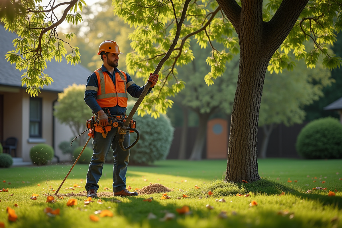 Élagage d'un arbre par un arboriste professionnel en jardin