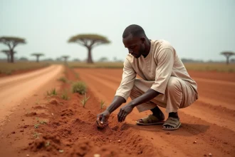 Agriculteur sénégalais analysant la qualité du sol d'un terrain agricole à vendre au Sénégal