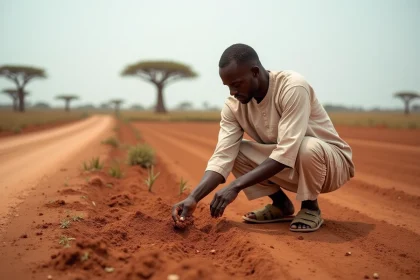 Agriculteur sénégalais analysant la qualité du sol d'un terrain agricole à vendre au Sénégal