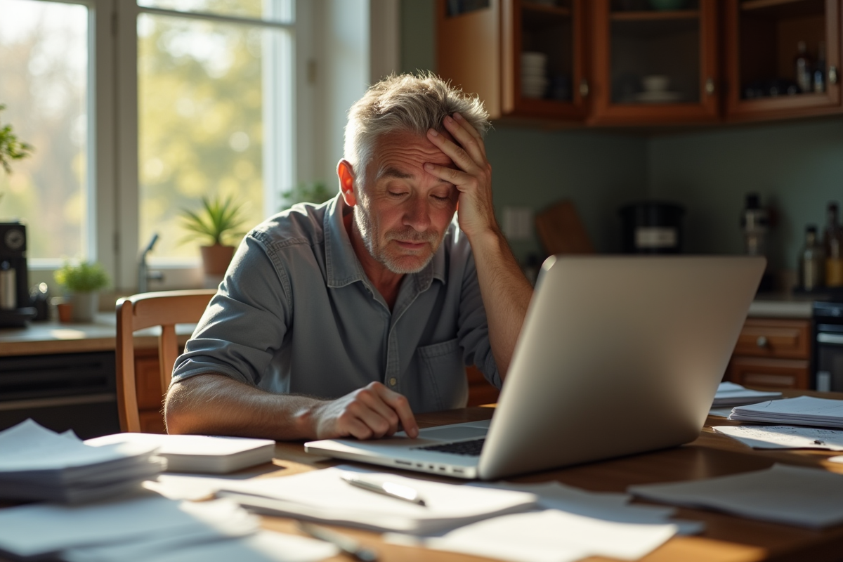 Propriétaire fatigué travaillant à la maison avec papiers et ordinateur
