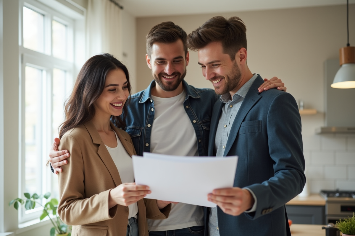 Travailleur social avec un jeune couple dans un appartement lumineux