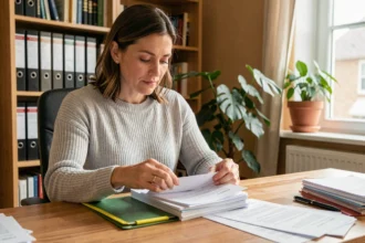 Femme triant des documents d'assurance habitation dans un bureau à domicile