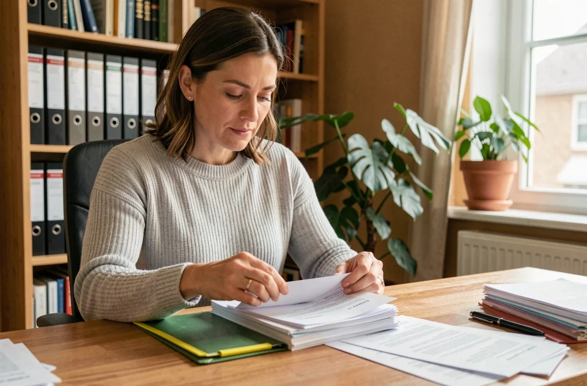 Femme triant des documents d'assurance habitation dans un bureau à domicile