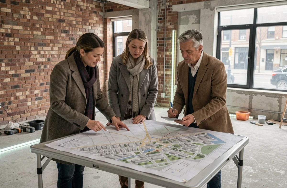 Équipe de professionnels de l'immobilier étudiant un plan de développement urbain dans un local commercial en rénovation