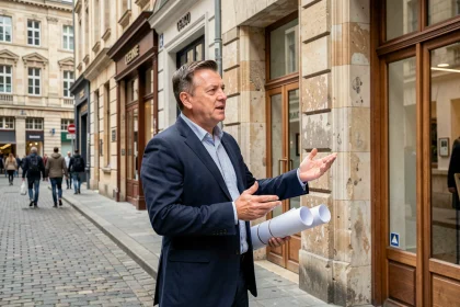 Directeur immobilier présentant un projet de rénovation de centre-ville devant une façade historique restaurée