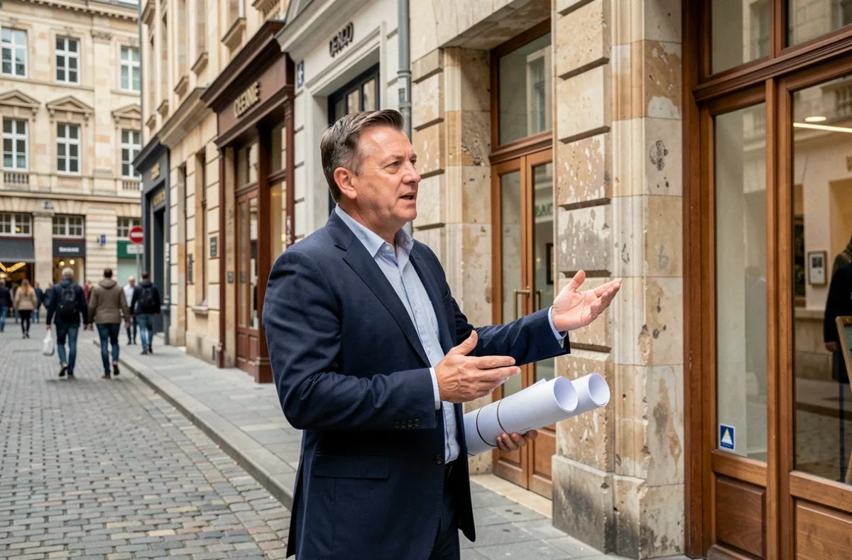 Directeur immobilier présentant un projet de rénovation de centre-ville devant une façade historique restaurée