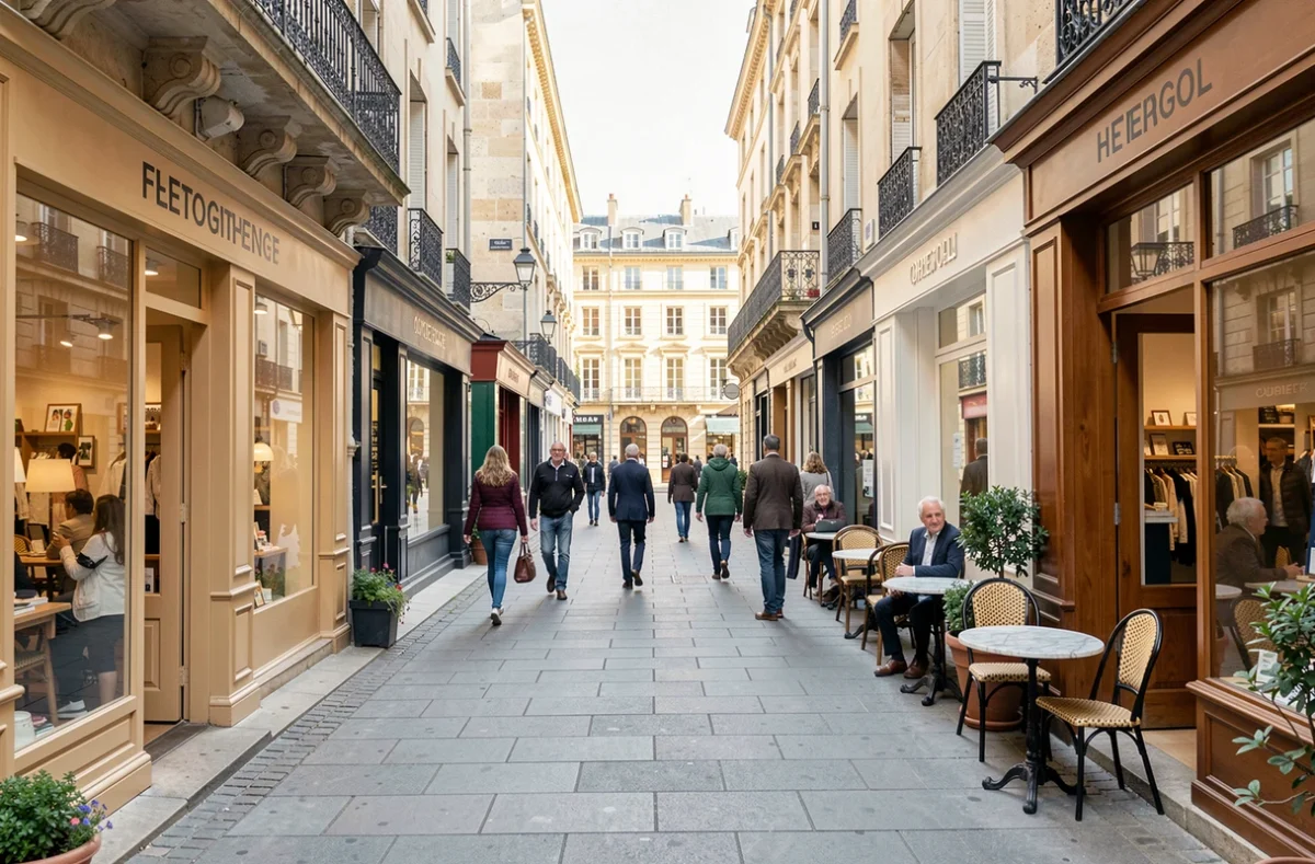 Rue piétonne rénovée d'un centre-ville français avec commerces restaurés et animation urbaine