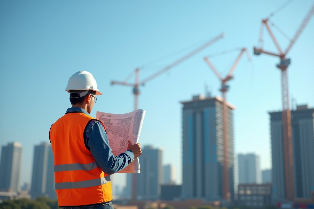 Urbaniste observant le chantier avec plans à la main