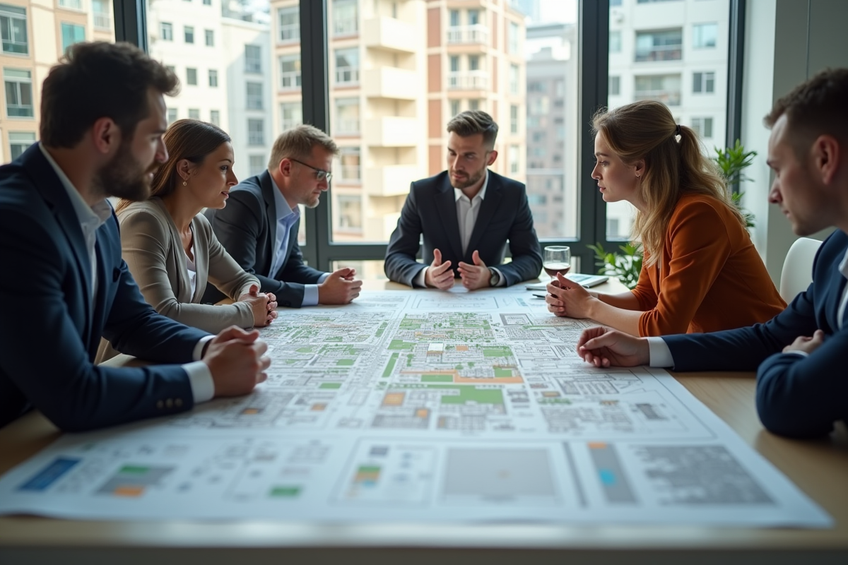 Groupe d'urbanistes discutant plans de ville modernes