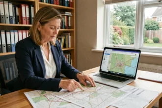 Femme consultant des cartes de servitudes urbaines sur ordinateur et documents papier avant achat immobilier