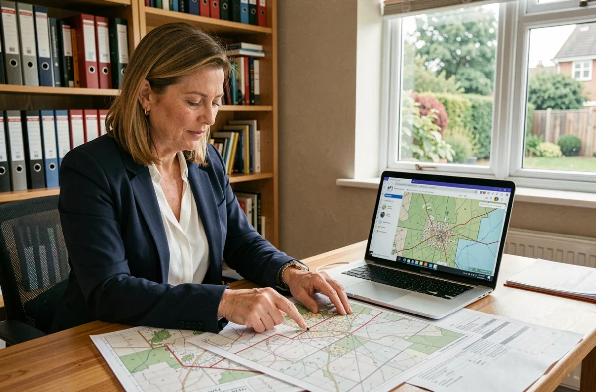Femme consultant des cartes de servitudes urbaines sur ordinateur et documents papier avant achat immobilier