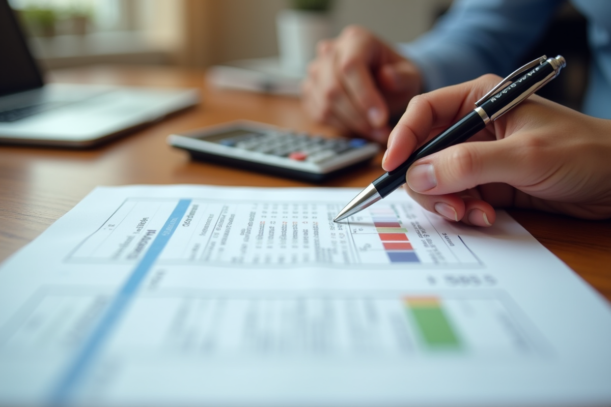 Mains marquant un rapport de credit avec un stylo sur un bureau