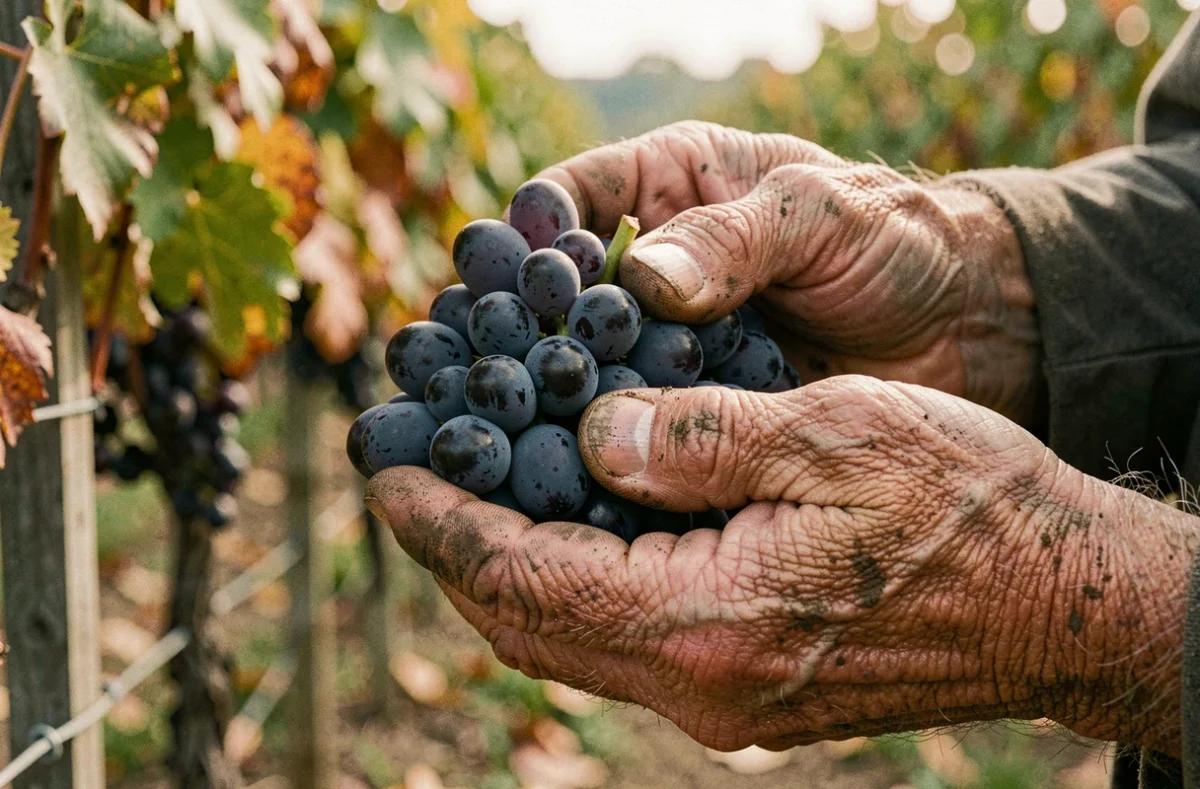 Mains d'un vigneron expérimenté tenant une grappe de raisins merlot dans une propriété viticole bordelaise, symbole de transmission patrimoniale