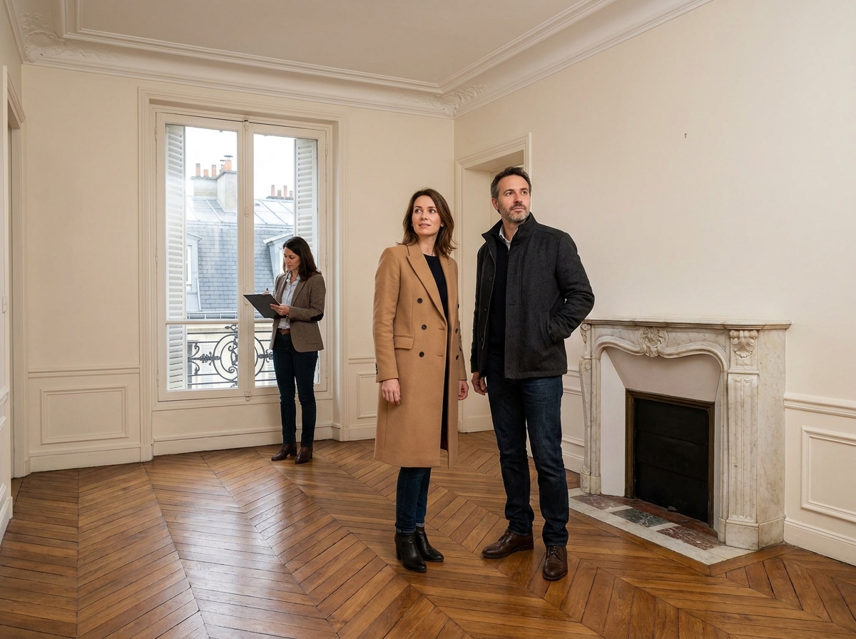 Couple visitant un appartement haussmannien vide à Paris avec un accompagnateur immobilier