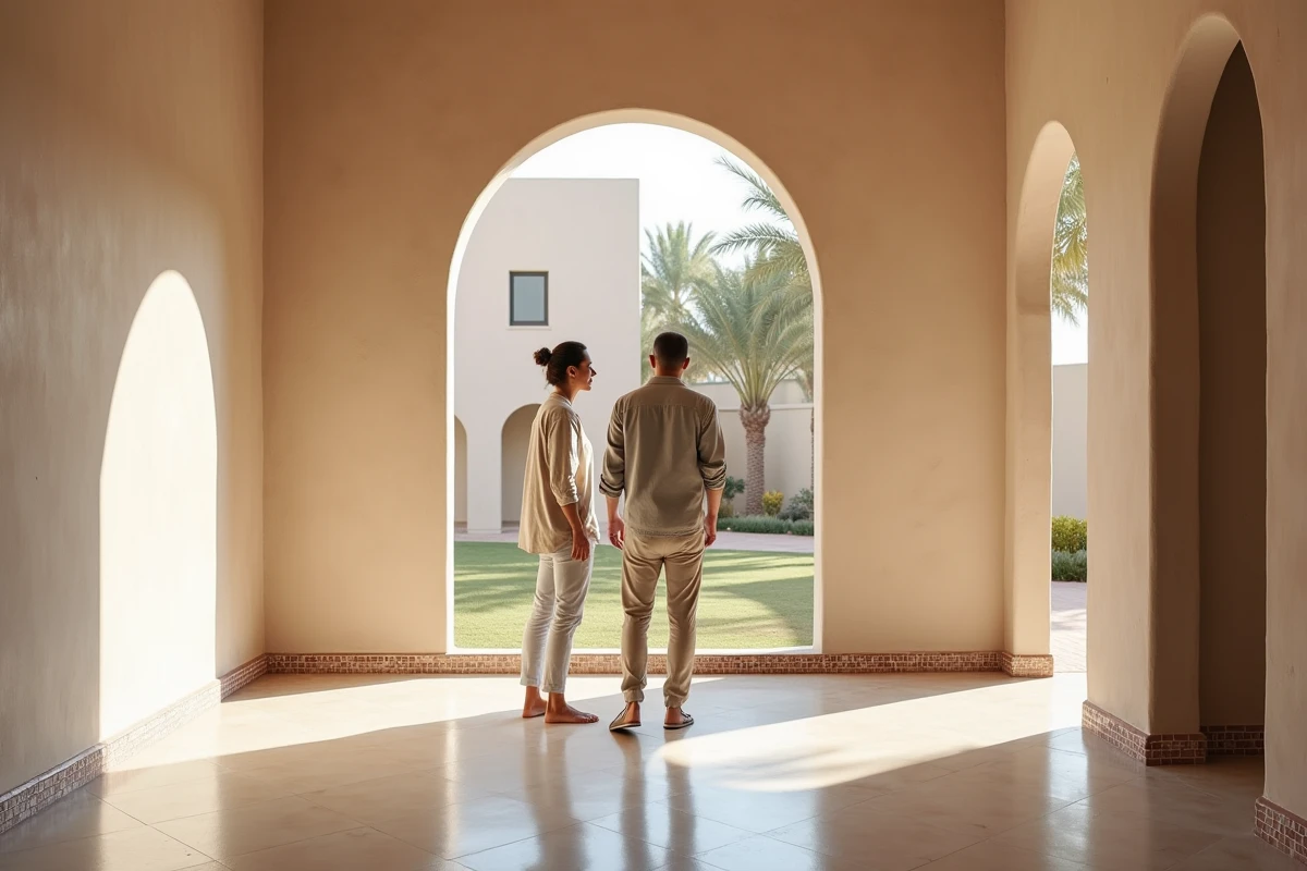 Couple européen visitant un appartement neuf à Marrakech avec architecture traditionnelle marocaine modernisée