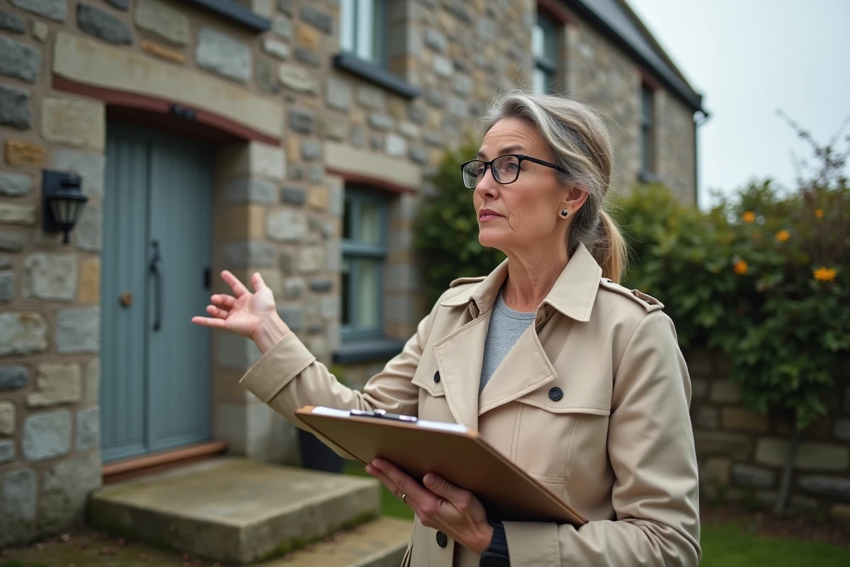 Agent immobilier visitant une maison en pierre bretonne, pointant les caractéristiques de la façade en granit lors d'une estimation