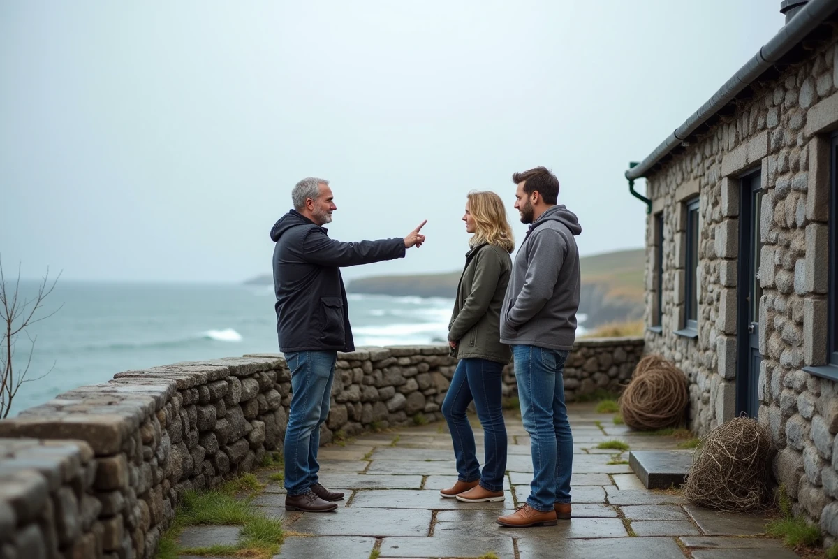 Couple visitant une maison de pêcheur en Bretagne avec agent immobilier lors d'une visite vue mer