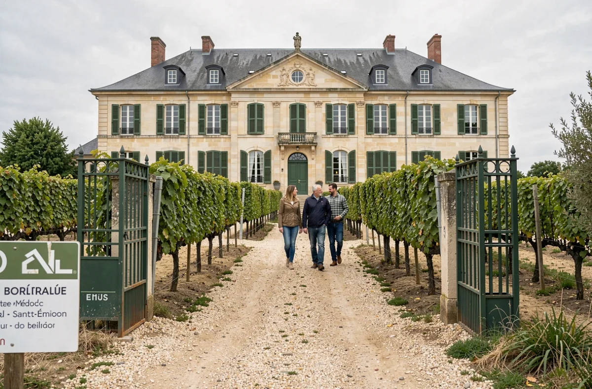 Couple visitant une propriété viticole à vendre à Bordeaux, façade en pierre calcaire classique entourée de rangées de vignes alignées