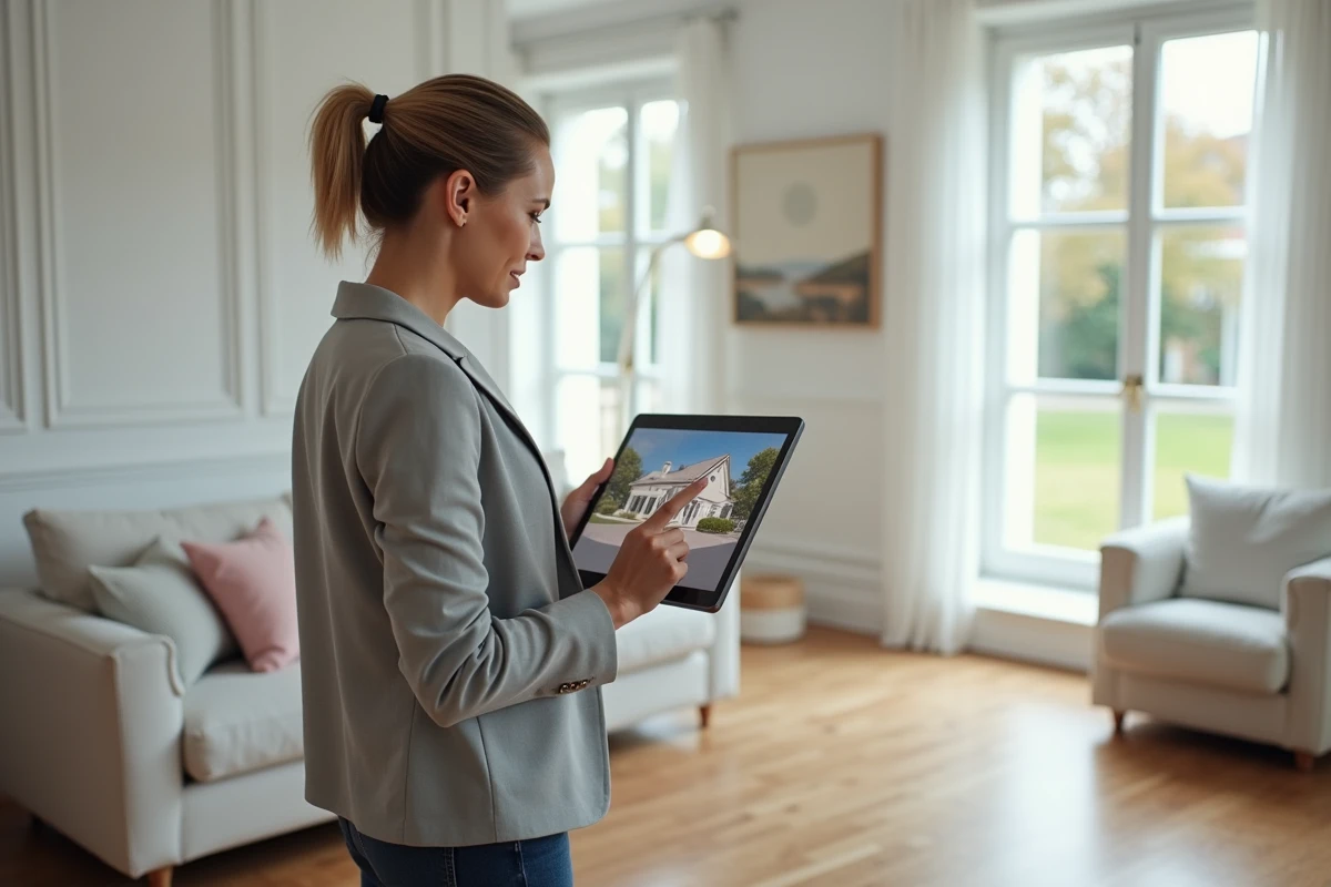 Femme utilisant une tablette pour effectuer une visite virtuelle immobilière en 360 degrés dans un salon moderne