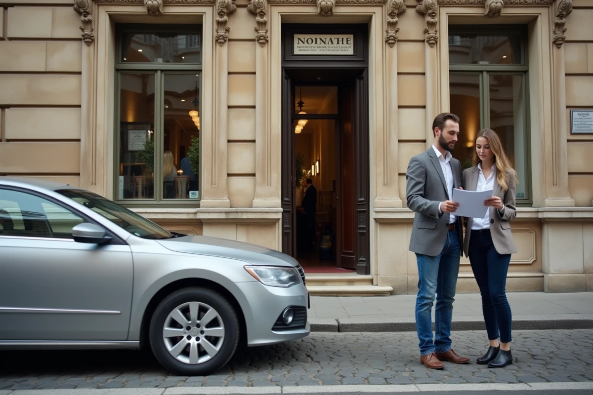 Voiture en ville avec un couple qui consulte un contrat