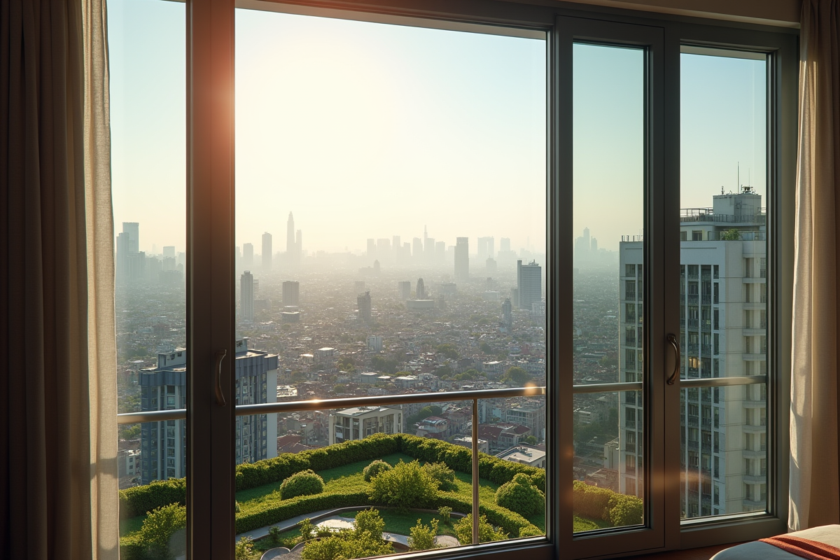Vue depuis un appartement sur la ville avec toits et skyline