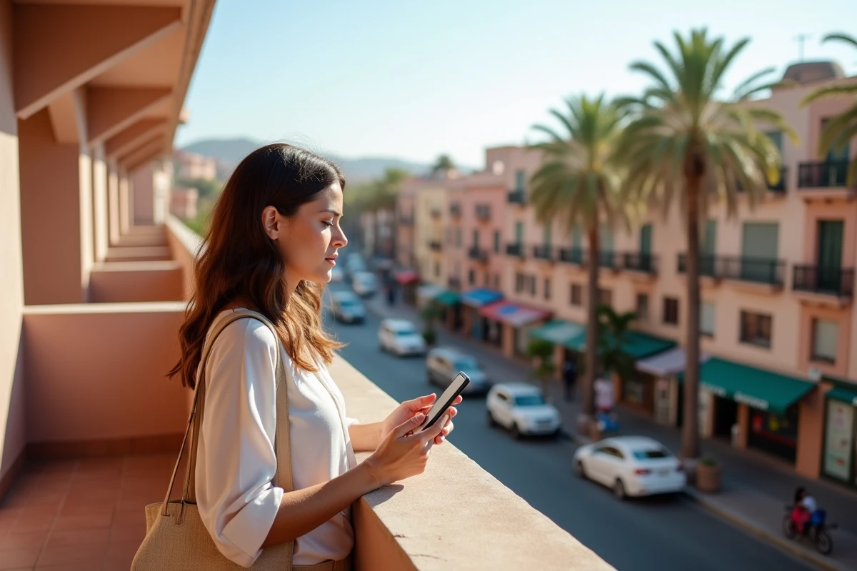 Acheteuse française comparant annonce immobilière et vue réelle depuis un balcon à Guéliz Marrakech
