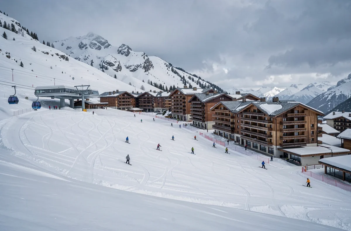 Vue générale du front de neige de la Croisette aux Menuires avec remontées mécaniques et pistes convergentes